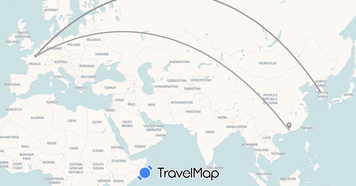 TravelMap itinerary: plane in China, France, South Korea (Asia, Europe)
